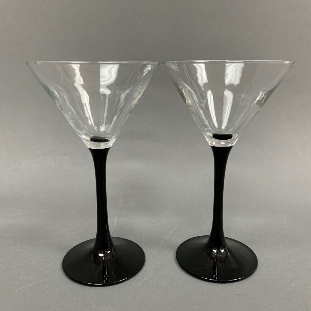 Glasses France Martini Clear Black Stem 6 1/2 Glass Lot of 2‎